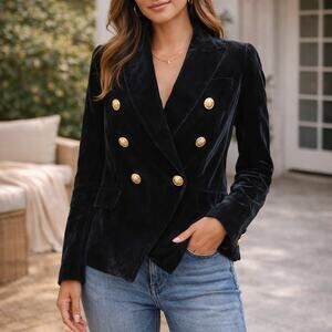 Rachel Zoe SZ XS Black Velvet Military Style Lined Blazer Gold Buttons